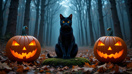 Mystical Black Cat with Orange Eyes Sitting Between Two Glowing Jack-O'-Lanterns in a Dark, Foggy Halloween Forest for Spooky Event Poster and October Background
