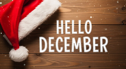 christmas hat, santa claus hat, wooden planks, text hello december, holiday season, winter background, festive decorations, snow flakes, bokeh lights
