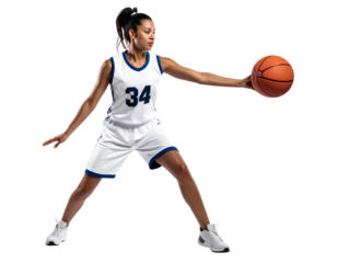 Basketball player in white jersey number 34 skillfully maneuvering the ball, isolated on a transparent background, PNG