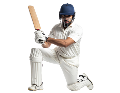 Cricket batsman in an action pose holding his bat ready to strike, isolated on a transparent background, PNG