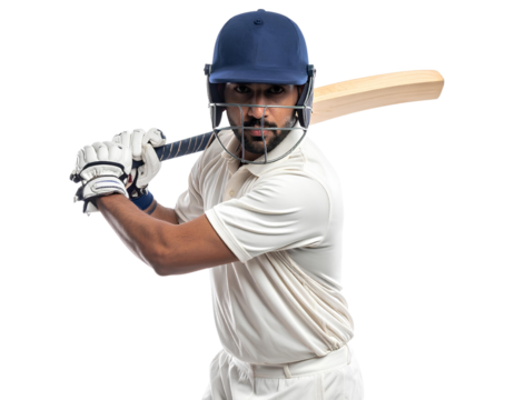 Cricket batsman in an action pose holding his bat ready to strike, isolated on a transparent background, PNG
