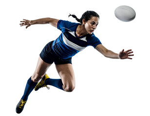 Rugby athlete diving forward to catch a ball pass, isolated on a transparent background, PNG