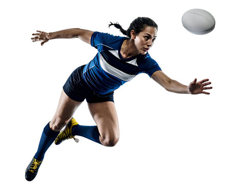 Rugby athlete diving forward to catch a ball pass, isolated on a transparent background, PNG