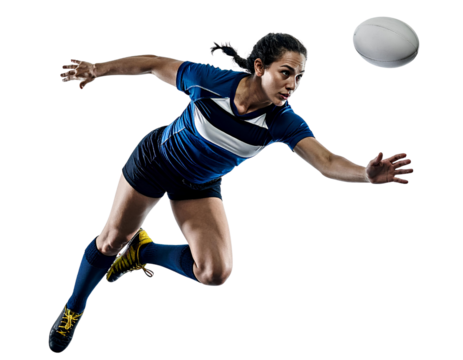 Rugby athlete diving forward to catch a ball pass, isolated on a transparent background, PNG