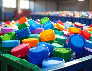 Colorful plastic bottle caps in a recycling bin, a visual representation of waste management