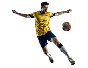 Male soccer player executing a powerful forward volley shot, isolated on a transparent background, PNG