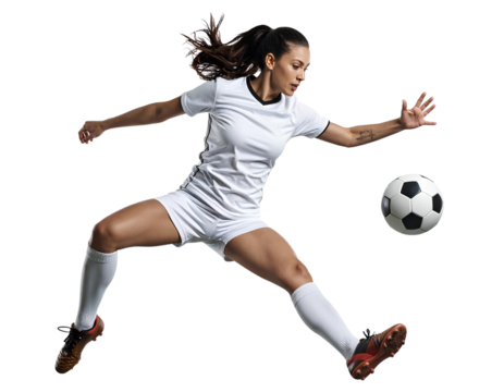 Professional female football player performing midair ball control while attempting a jump kick, isolated on a transparent background, PNG