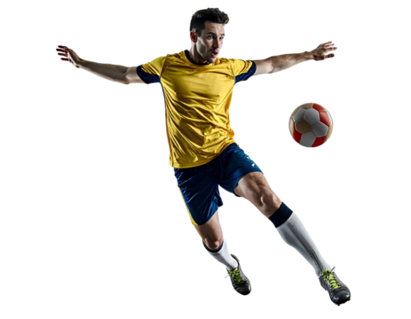Male soccer player executing a powerful forward volley shot, isolated on a transparent background, PNG