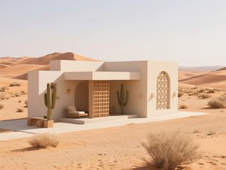 Modern desert structure with minimalist design and cacti in a sandy landscape