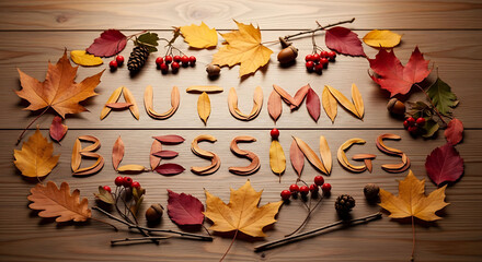 autumn leaves, wooden background, word "blessings" made of wood, fall, harvest, thanksgiving, cozy, warm, fall decor, nature, seasonal
