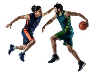 Midair action of two basketball players from opposing teams, one preparing to shoot while the other blocks, isolated on a transparent background, PNG