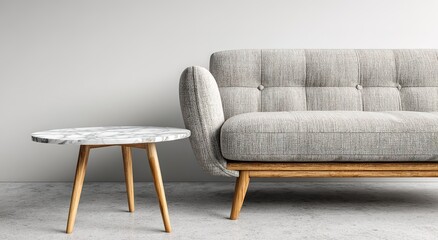 Minimalist Living Room Furniture, It shows a light gray sofa and a marble - topped side table. Great for interior design, home decor, or furniture showcase visuals.
