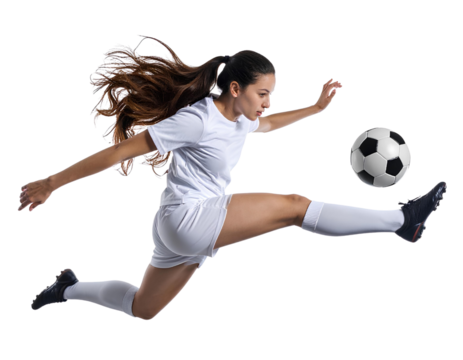 Professional female football player performing midair ball control while attempting a jump kick, isolated on a transparent background, PNG