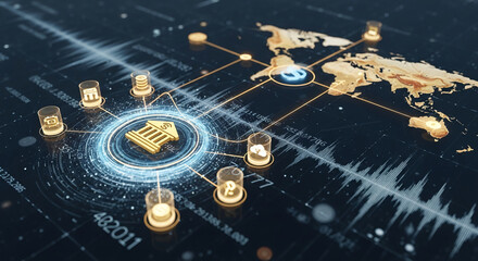 Digital illustration features a world map with connected nodes and golden icons, representing global finance, connection, and technological advancement