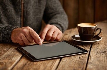 Using Tablet with Coffee, It shows a hand interacting with a tablet beside a cup of coffee. Great for work, lifestyle, or tech - related visuals.