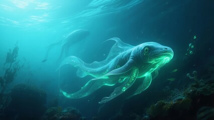 A bioluminescent octopus glides through a deep underwater scene with marine plants and faint light filtering from above.