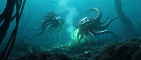 Two giant cephalopod-like creatures face off in a mysterious underwater forest illuminated by bioluminescent light.