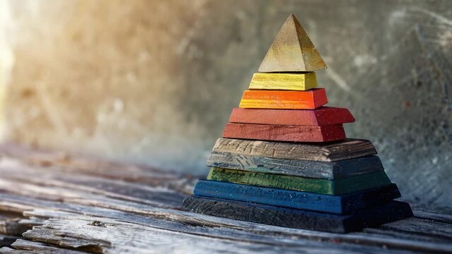 video A stack of wooden pyramids sitting on a wooden table, perfect for decorative or conceptual uses