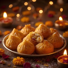 Close-up of golden modaks filled with coconut and dry fruits, surrounded by diyas and marigold petals, symbolizing Diwali celebration and festive warmth.
