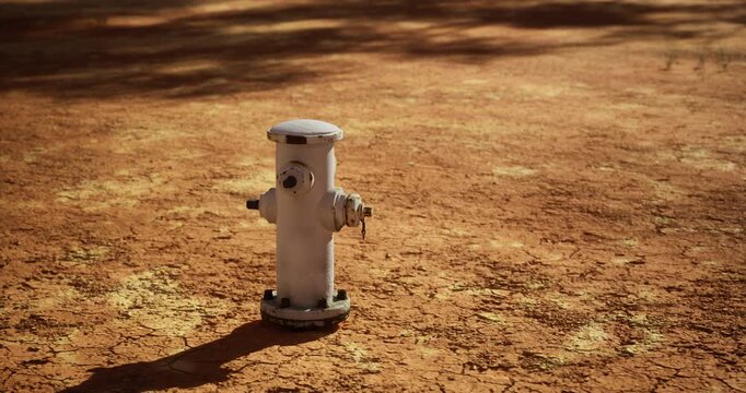 In a parched environment, a lonely fire hydrant emerges from a cracked, barren ground. The sun casts soft light, highlighting the solitude of this essential urban feature.