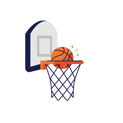 A vibrant orange basketball successfully swishes through a hoop in this clean flat design illustration, symbolizing a perfect score and game victory.