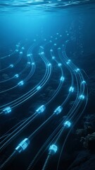 Underwater fiber optic cables glowing with blue light in deep ocean environment