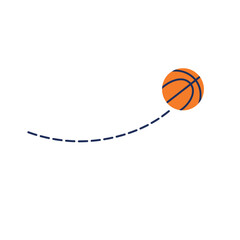 A vibrant orange basketball is depicted in mid-air, following a dynamic dashed blue trajectory against a clean white background, symbolizing movement and sport.