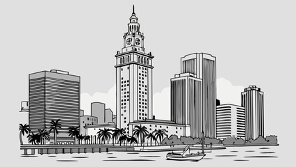 Stylized Cityscape Illustration Modern Buildings Waterfront Palm Trees Boat Black and White Sketch.