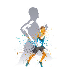 Run, athletics, collage of running men, marathon runners, low polygonal isolated vector drawing, side view