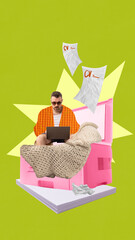 Bold colorful poster. Man in orange shirt working on laptop under blanket with flying CV papers. Concept of HR, job search, remote recruitment, digital employment and freelance visuals.