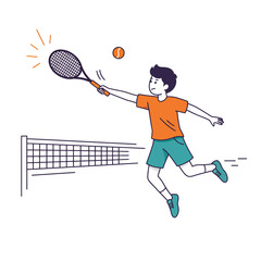 A young boy energetically leaps to hit a tennis ball over the net with his racket, illustrating active youth and healthy lifestyle.