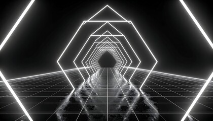 Neon-lined, geometric corridor vanishing into the darkness