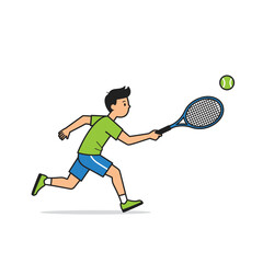 A lively cartoon illustration captures a young boy in a green shirt and blue shorts, energetically running to hit a tennis ball with his racket.