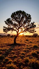 Solitary Tree Sunset Open Landscape