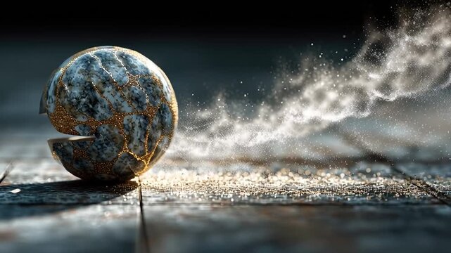 Celestial Sphere in Motion: A captivating celestial sphere, marked with intricate patterns and textures, appears to be in a state of transformation.