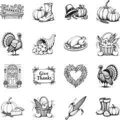 A black and white illustration celebrating the harvest season and the spirit of Thanksgiving. The image features cornucopia, turkey, pumpkins, corn and other symbols. 