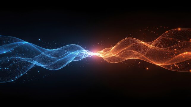 Abstract image of blue and orange waves converging with a bright light in the center against black