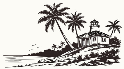 Tropical coastal scene with lighthouse and palm trees black and white illustration vector art vacation summer beach ocean sea coast shoreline seaside tranquil peaceful paradise idyl.