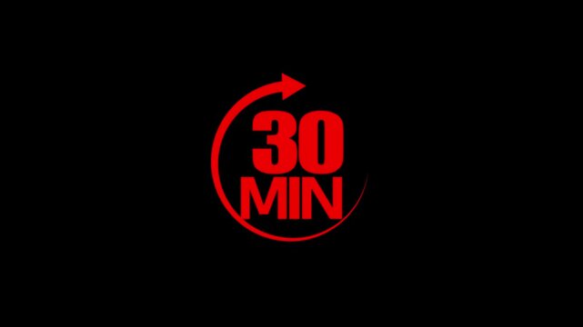 Red color circle arrow refresh icon and  30 min timer icon animation on black background . 