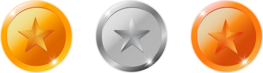 Set of Realistic Gold, Silver, and Bronze Star Medals or Award Badges

