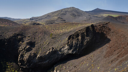Dramatic, stark landscape on the slopes of volcano, featuring dark, barren lava rock and volcanic ash. Small patches of green vegetation cling to life. Geology, exploration, and resilience.