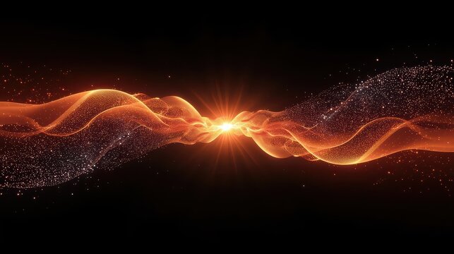 Abstract orange waves with sparkling particles converging to a bright light on a black background