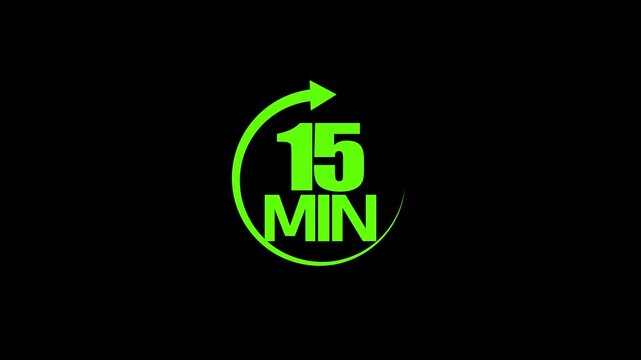 Green  color circle arrow refresh icon and  15 min timer icon animation on black background . 