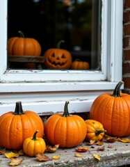 Autumn Pumpkins and Jackolantern Display Window