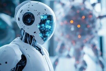 Futuristic robot with illuminated circuitry in a high-tech laboratory setting