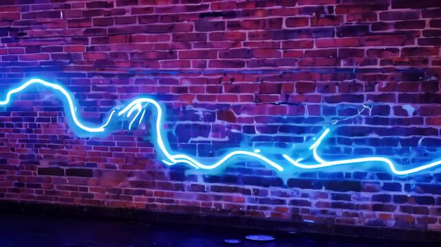 Neon lights melt flow liquid along rough texture brick wall. Colors electric blue, pink purple, reflecting small puddles or damp patches floor sparks or tiny flickers high-tech vibe. Minimalist wall