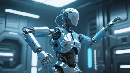 A humanoid robot with articulated limbs and a sleek metallic design stands in a futuristic, high-tech environment.