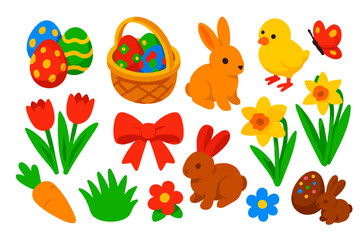 Obraz premium Easter Morning Icons. Isometric vector illustration set Easter Morning Kit: painted eggs, basket, bunny, chick, tulips, daffodils,