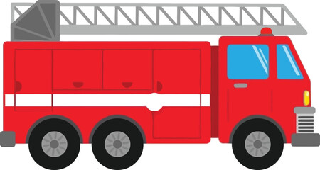 Red Fire Truck with Ladder Vector Illustration, Emergency Firefighting Vehicle Side View