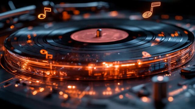 Close up of a spinning vinyl record with glowing lights and musical notes.